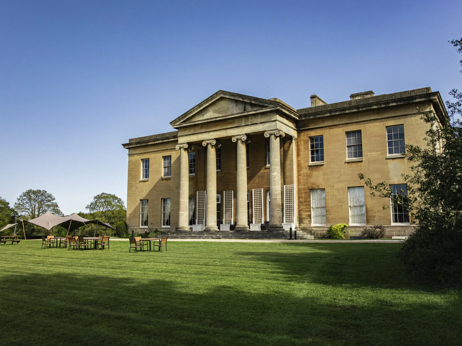 Head-on view of Leigh Court's main facade.