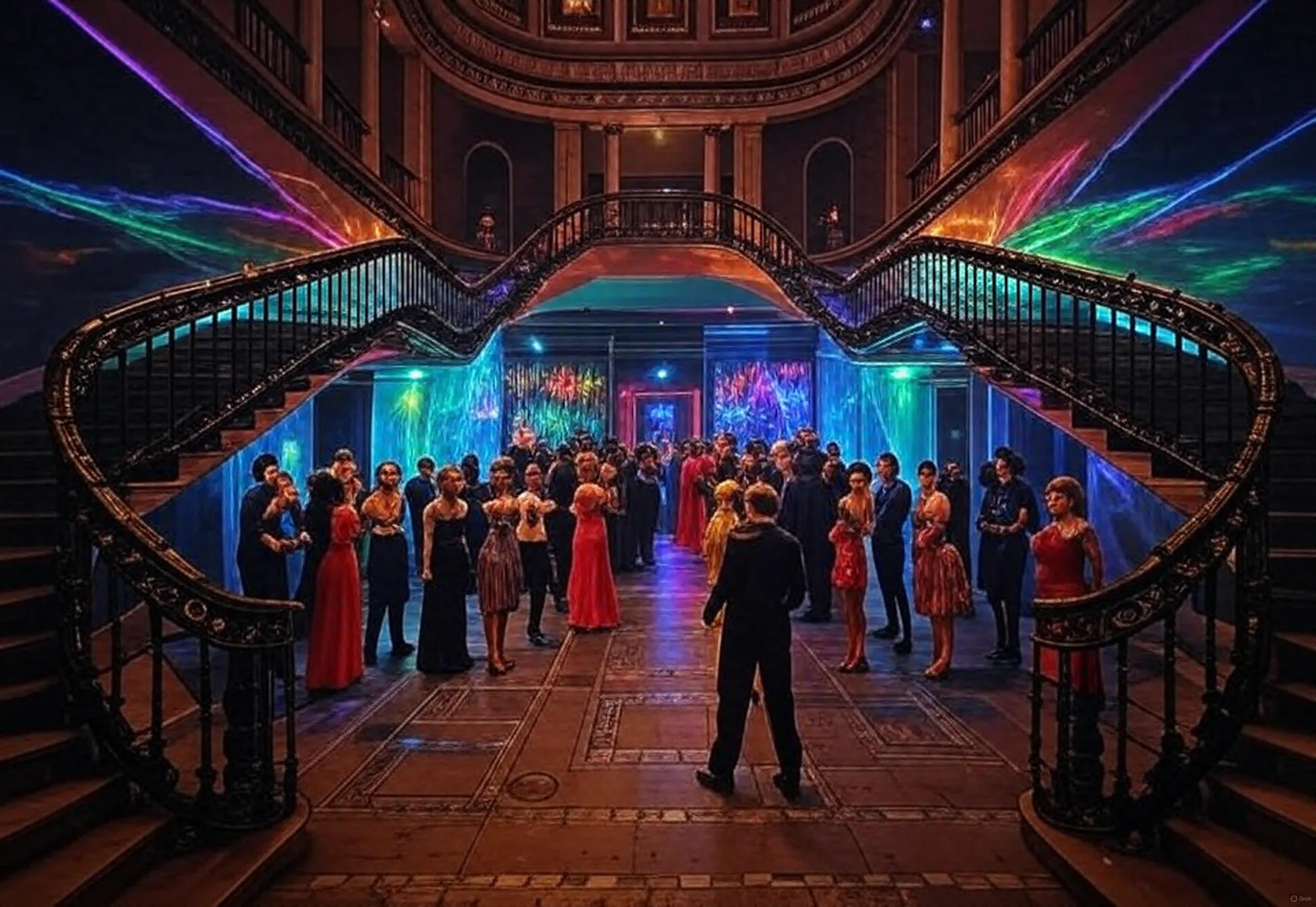 An after-dark event in the grand hall, lasers tracing the staircase.