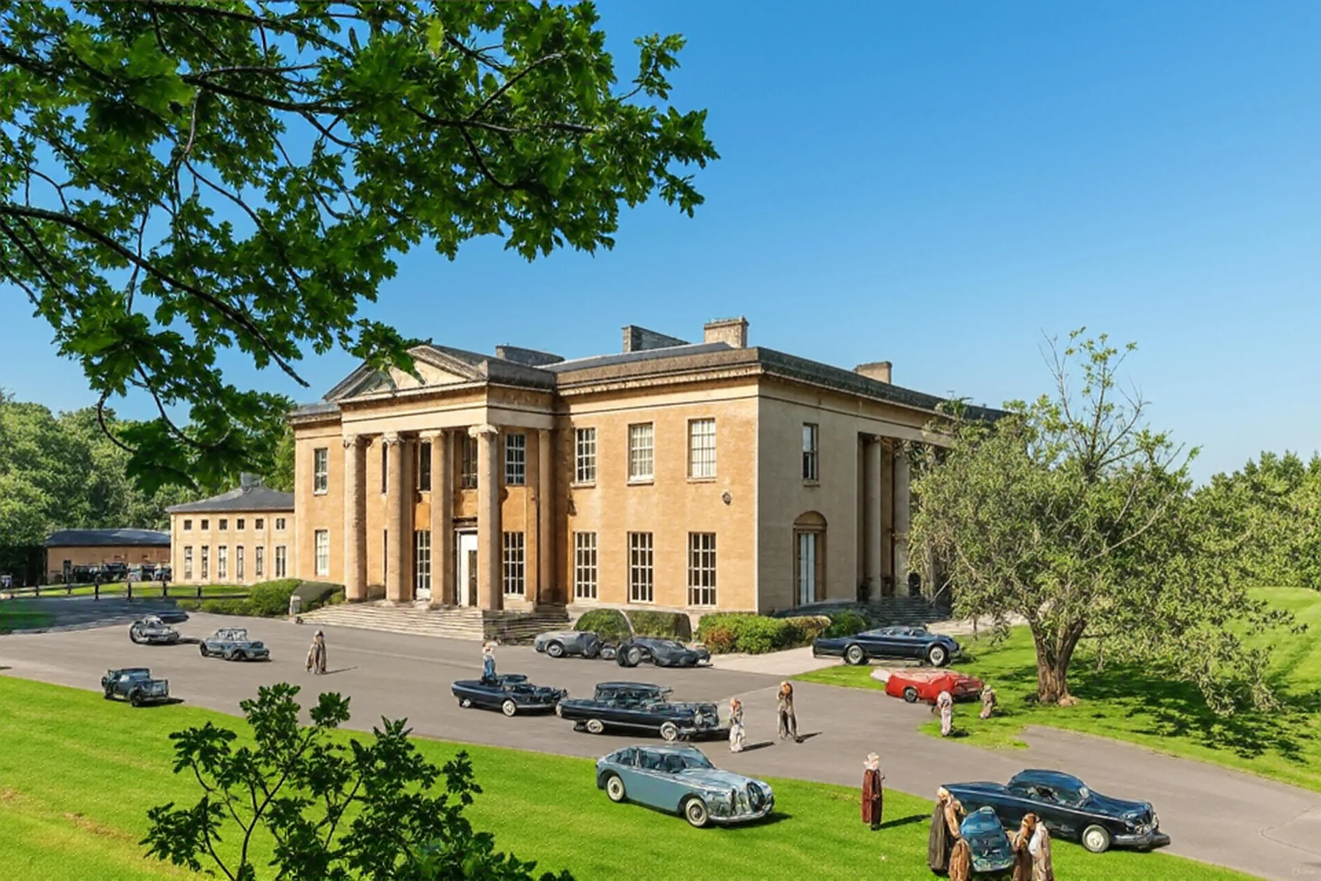 Leigh Court mansion in summer sunlight, vintage cars on the drive.