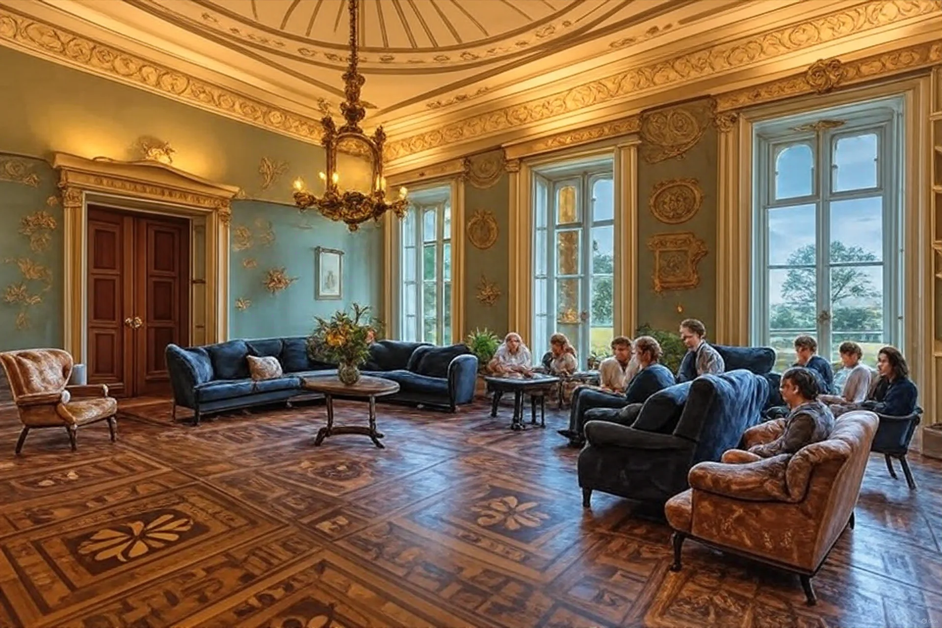 Members gathered in the blue drawing room, in conversation.
