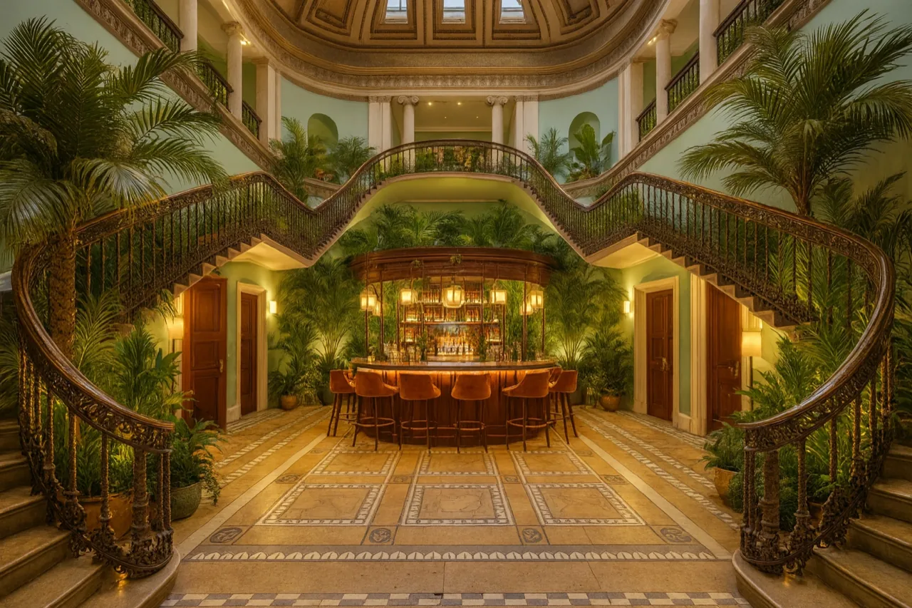 The grand atrium and double staircase, with a central cocktail bar surrounded by foliage.