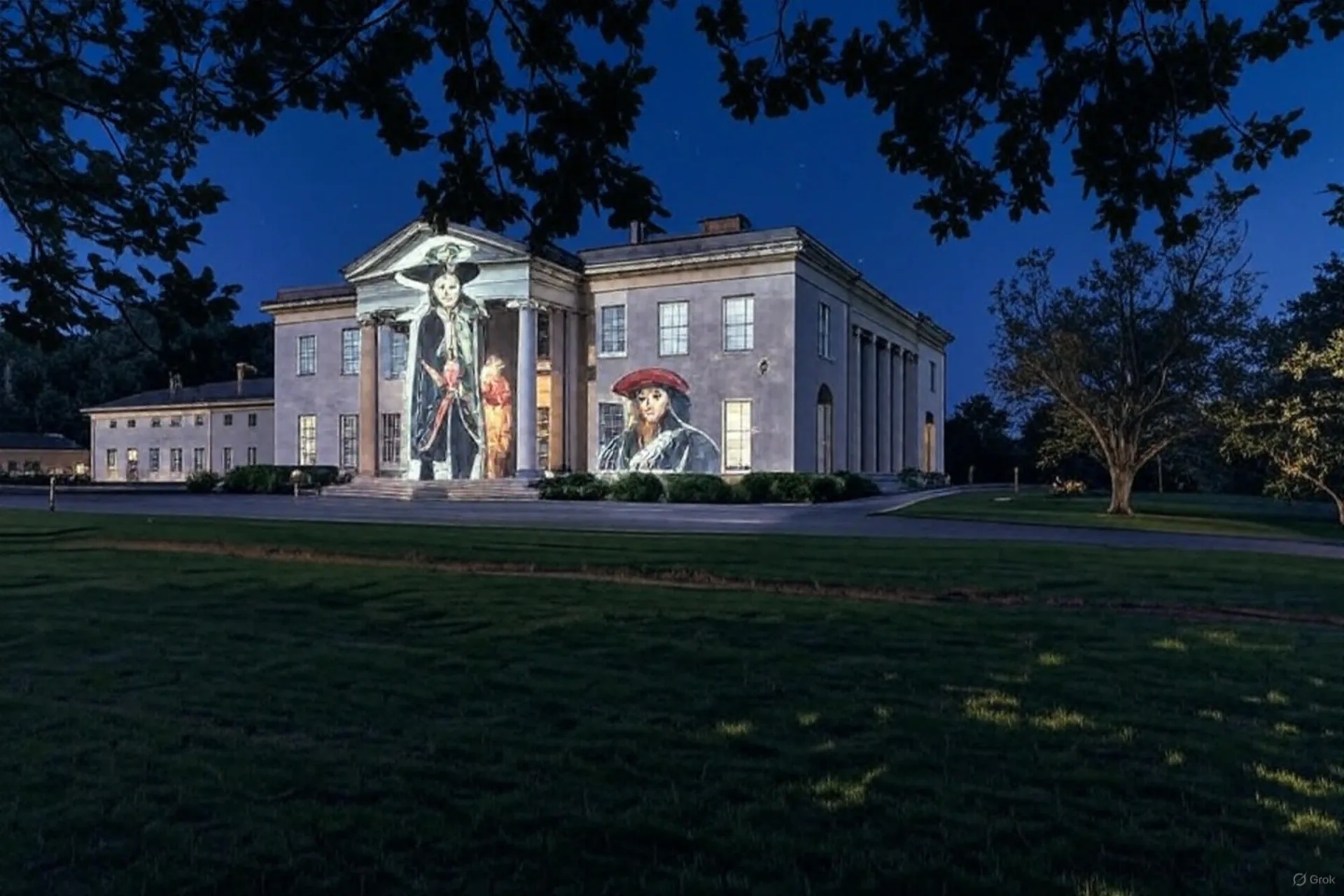 Leigh Court at night, the facade lit by a pirate art projection.