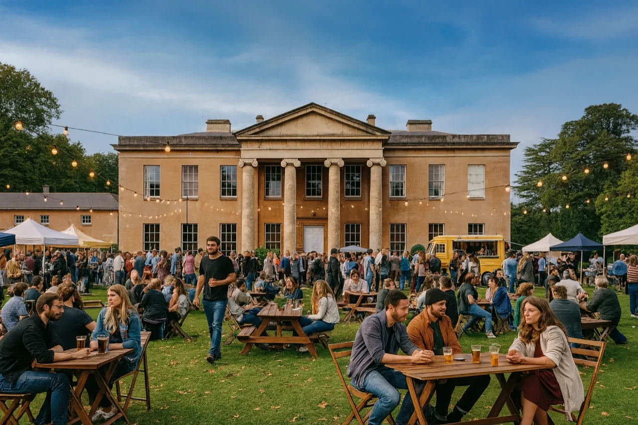 Outdoor evening event on the lawn in front of the mansion, picnic tables and string lights.