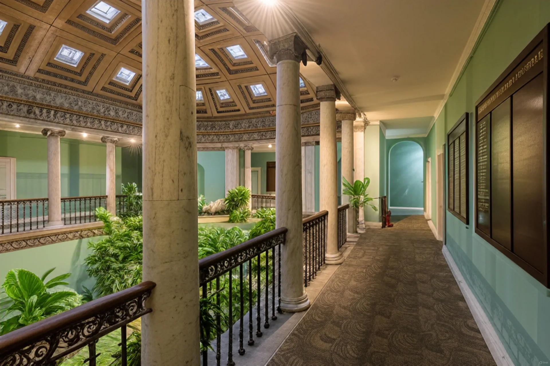 Daylit interior gallery and corridor with skylit ceiling.
